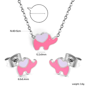 Parure bijoux éléphant rose avec oreilles cœur, collier et boucles d'oreilles acier