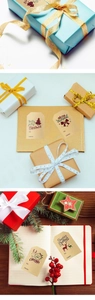 Close-up of vintage kraft Christmas gift tags with reindeer and tree patterns on gift boxes