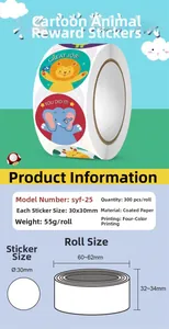 Detail of 300pcs roll of 30mm cartoon animal stickers for reward made of coated paper