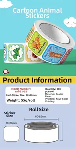 Detail view of cartoon animal reward stickers with size specs and material info