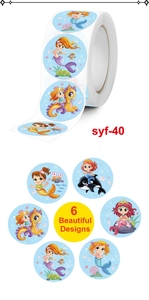 Detail view of 6 colorful mermaid cartoon roll stickers for gift decoration and stationery