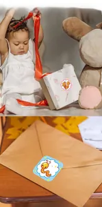 Detailed view of cute cartoon animal stickers used for gift box and envelope decoration
