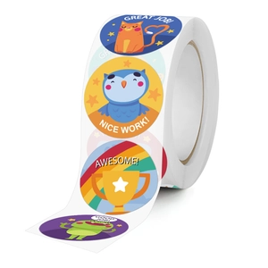 Colorful cartoon animal reward stickers roll with motivational English phrases for kids