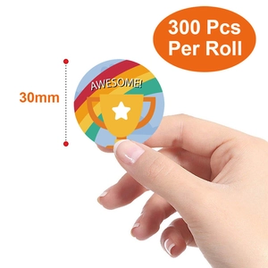 30mm round colorful reward stickers with trophy and Awesome text, 300 pieces per roll