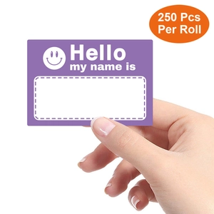 250 pieces per roll purple name labels with Hello my name is text and smiley face