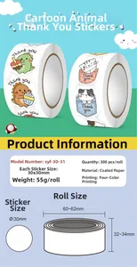 Detail view of 30mm round cartoon animal Thank You stickers with product specifications