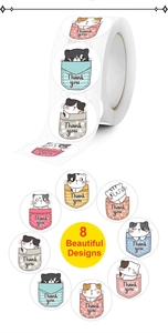 Detail of 8 cute cartoon cat designs on roll-packed Thank You adhesive sealing stickers