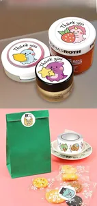 Detail showing cute animal thank you stickers applied on cosmetic jars and gift bags