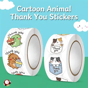 Thank You Stickers Roll Cartoon Animal Dinosaur Cat Round Coated Paper For Gift Sealing Teacher Rewards Packaging Decor