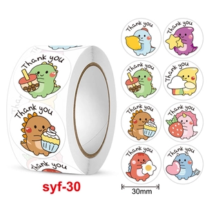 Roll of cute 30mm cartoon dinosaur Thank You stickers with 8 colorful designs