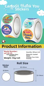 Detailed size chart for 30mm round cartoon thank you labels 300pcs per roll