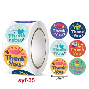 30mm colorful cartoon Thank You stickers roll with six unique gift box and bird designs