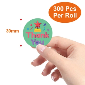 Green round Thank You labels with red trophy design 30mm stickers 300 pieces per roll