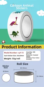 Infographic showing 300pcs cartoon dinosaur reward stickers with 30x30mm size specs