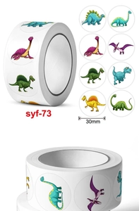 Detail view of 30mm dinosaur reward stickers on a roll for children stationery