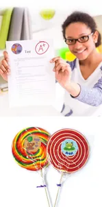 Detail of cute animal reward stickers with Great and Good Job text on paper and lollipop