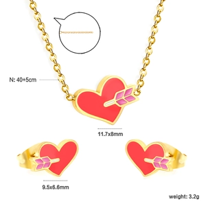 Detail view of heart and arrow jewelry set showing necklace and stud earring dimensions