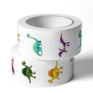 Two rolls of colorful cartoon dinosaur stickers for kids reward and gift sealing
