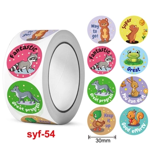 Roll of 30mm cartoon animal reward stickers for students featuring encouraging English words