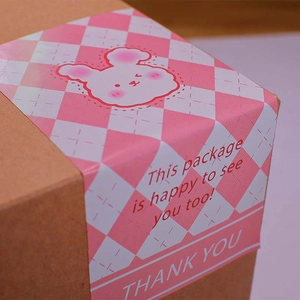 Pink bear rectangular sealing sticker with Happy to see you too text for packaging