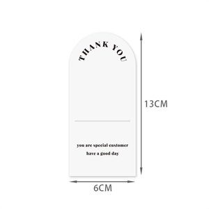 Detailed view of white rectangular thank you gift tag with 6cm by 13cm size specifications