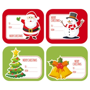 Macro view of Christmas gift tags with Santa, Snowman, and Tree designs for gift packaging
