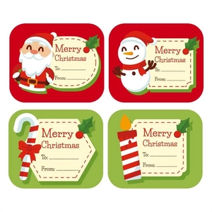 Macro shot of 4 Christmas gift stickers with Santa, snowman, and holiday greetings