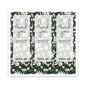 Detail of floral thank you stickers with white daisies and open me text on green background