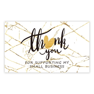 Elegant marble texture thank you card with gold heart for small business packaging