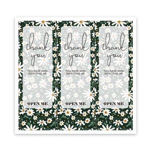 Floral Thank You stickers with daisy patterns and Open Me text for gift packaging