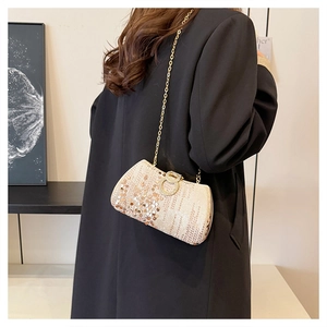 Close-up of champagne sequin evening bag with sparkling rhinestone double-ring buckle