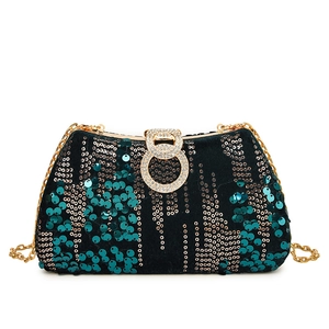 Sparkly dark green sequin evening clutch bag with crystal buckle and gold chain strap