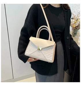 Close-up of beige crossbody bag with animal print texture and gold square metal buckle