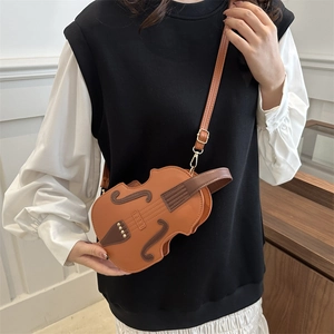 Creative violin-shaped crossbody bag in caramel brown PU leather with golden rivets