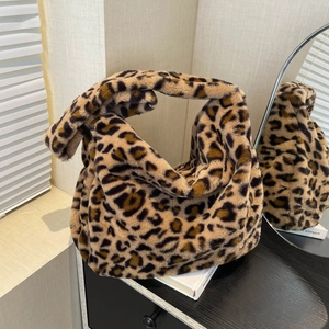 Sac à Épaule en Peluche Imprimé Léopard Automne Femme Mode Fausse Fourrure Grande Capacité Sac Cabas Hobo Décontracté