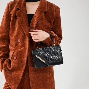 Chic houndstooth plaid handbag with gold metal trim and sequins for women fashion