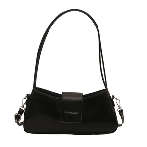 Minimalist black leather baguette shoulder bag with silver logo and long strap on white background