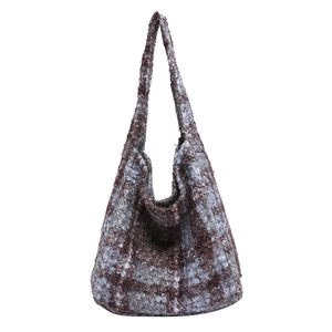 Sac fourre-tout à carreaux bleu et marron en peluche douce pour l'hiver automne