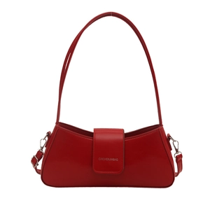 Vibrant red croissant shoulder bag in smooth faux leather with long top handle
