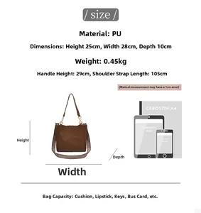 Size chart showing large brown PU leather tote bag dimensions and capacity