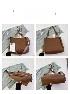 Multi-angle view of brown leather tote bag with woven strap and gold chain detail
