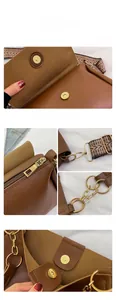Detail of magnetic closure and woven shoulder strap on brown tote bag set