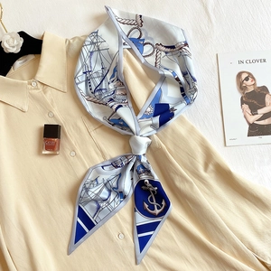 Écharpe Étroite Pour Femmes Avec Imprimé Nautique Imitation Satin Foulard Ruban Long Pour Sac À Main Bandeau Mode