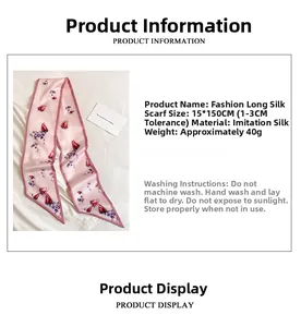 Detailed view of pink rose pattern silk scarf with 15x150cm size and soft texture