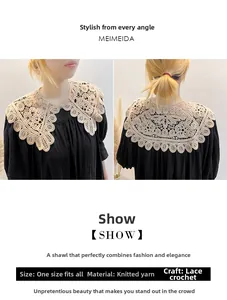 Detail of beige crochet hollow lace shawl with vintage knitted floral pattern textures