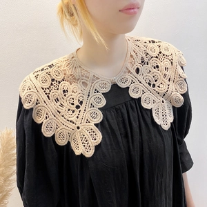 Elegant beige hollow lace shawl collar with pearl button over black dress for women