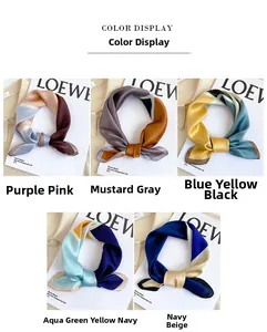Detail showing five geometric color-block silk scarves with a smooth satin finish texture