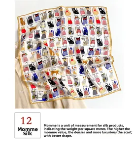Detailed view of 12 momme mulberry silk scarf featuring colorful cat illustration patterns