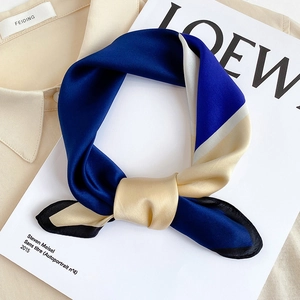 Silk neck scarf with color-blocking design in navy blue and champagne satin