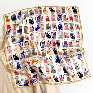 53cm square silk scarf featuring hand-drawn cat illustrations and gold borders